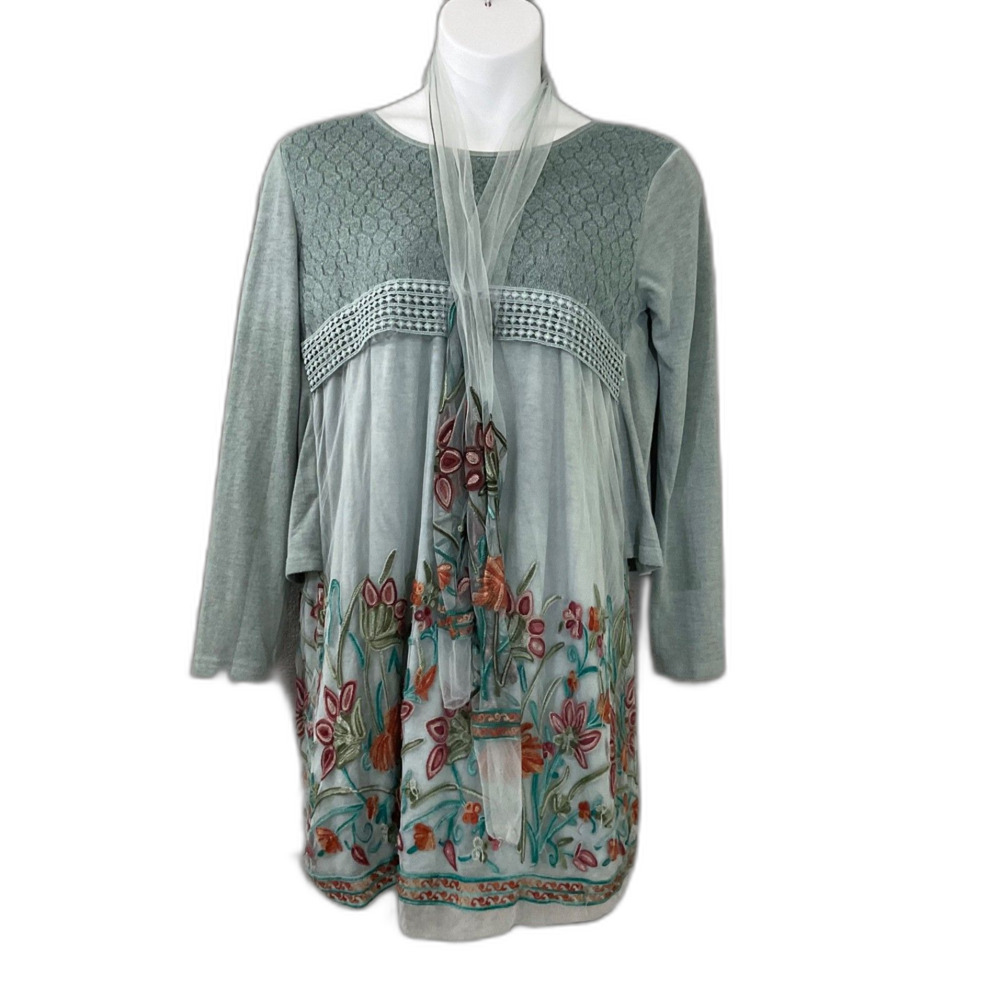 Simply Couture Floral Embroidered Dress Womens XL Green Boho Cottagecore Fairy